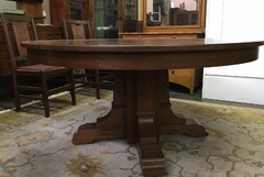 Stickley era Mission Oak 60 inch Dining Table and 5 leaves, opens to 10 feet